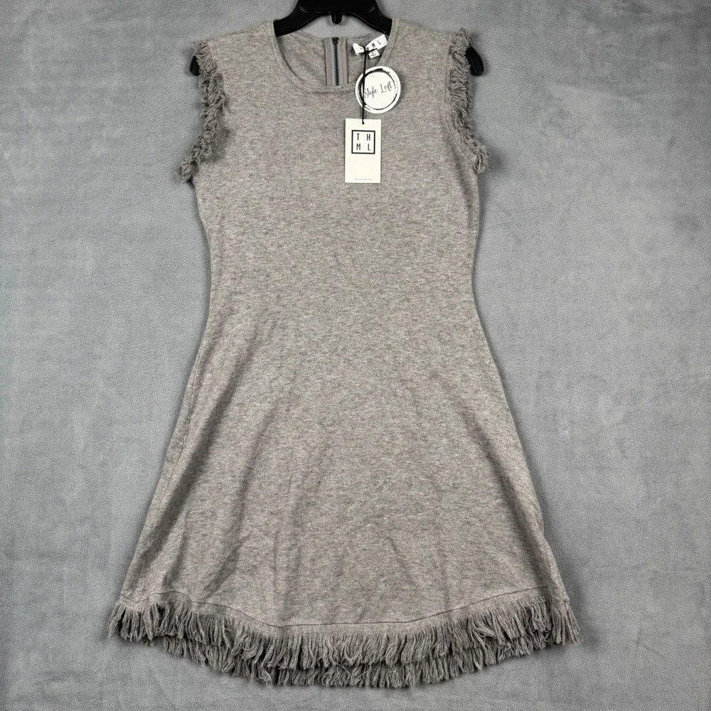 THML Womens Gray Fringe Trim Sleeveless Knit A-Line Sweater Dress TMK625 S